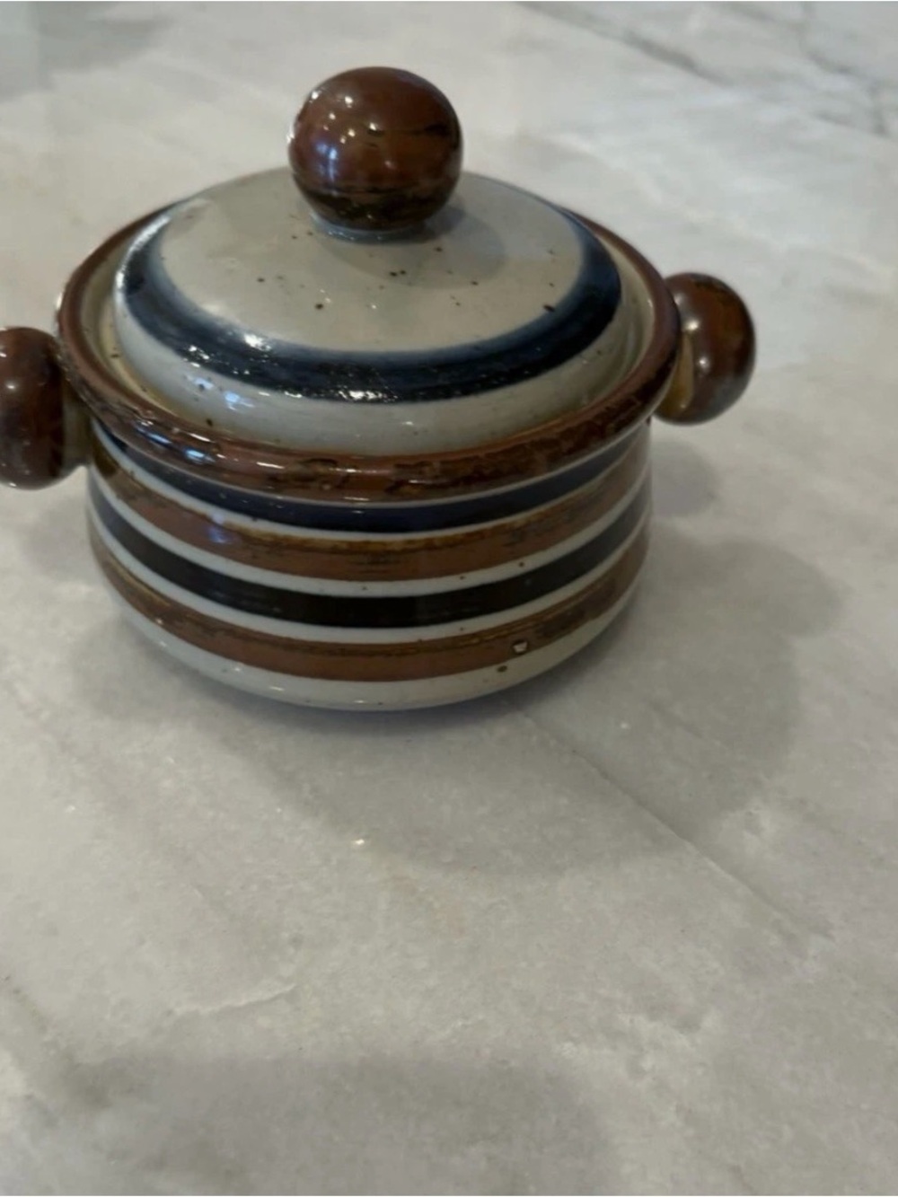 Handcrafted Striped Ceramic Lidded Jar Brown and White Soups single serve